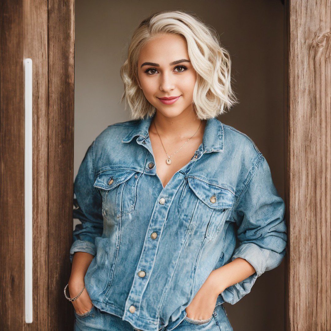 Stylish Vinfluencer Jessie Bee in denim shirt standing in wooden doorway.