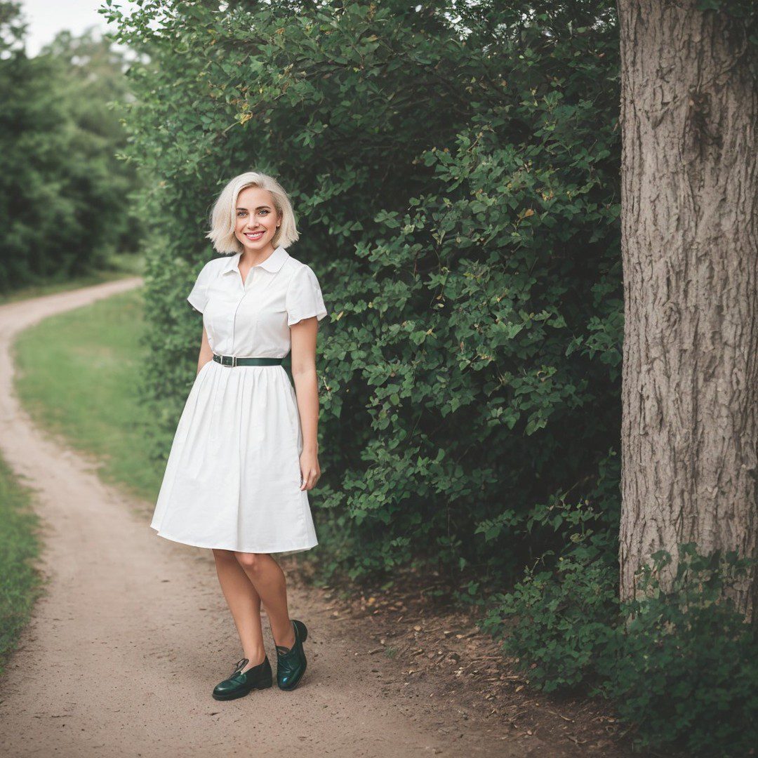Blonde Vinfluencer Jessie Bee in vintage dress smiling on forest path.