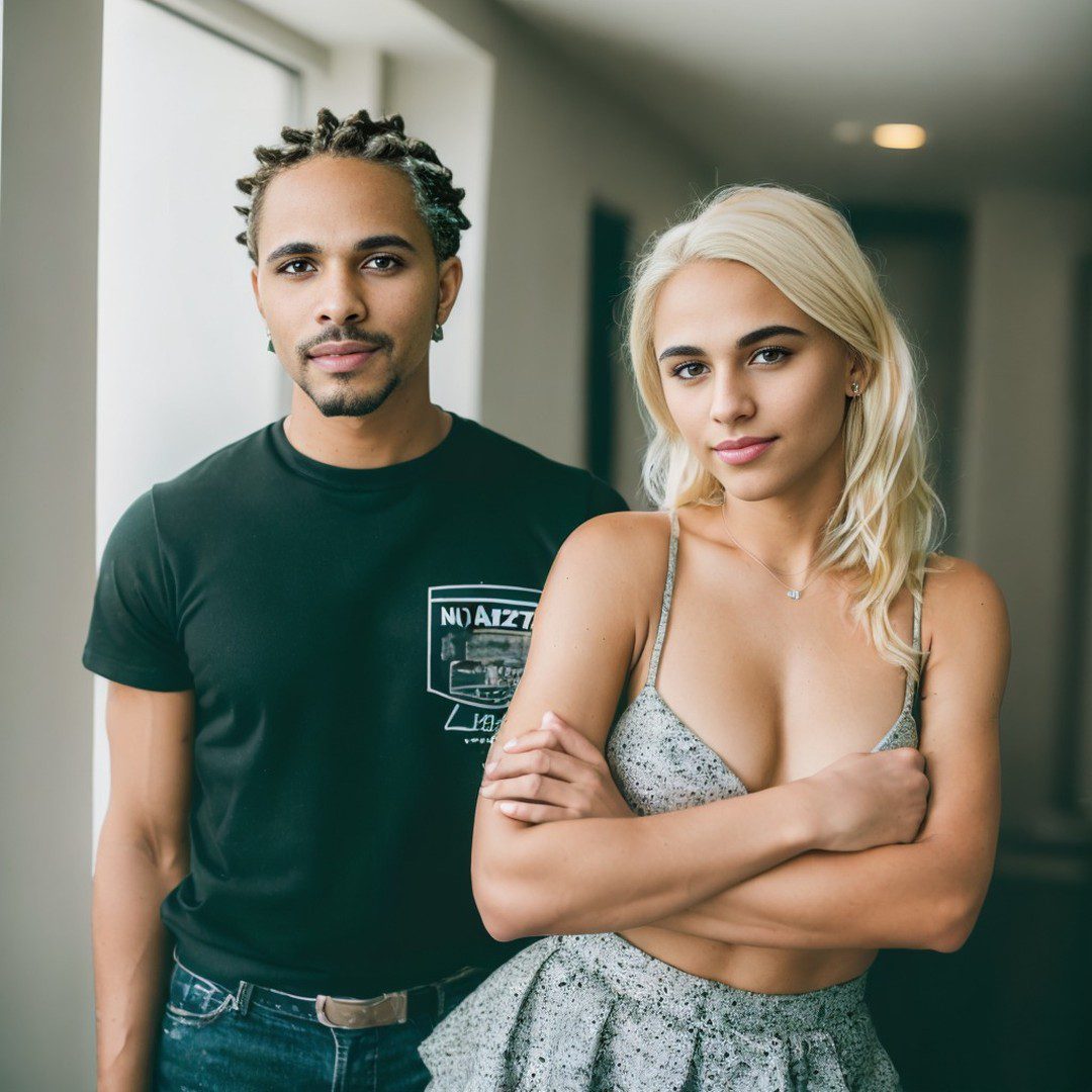 Man and Virtual Influencer Jessie Bee in stylish casual attire standing together in modern indoor setting.