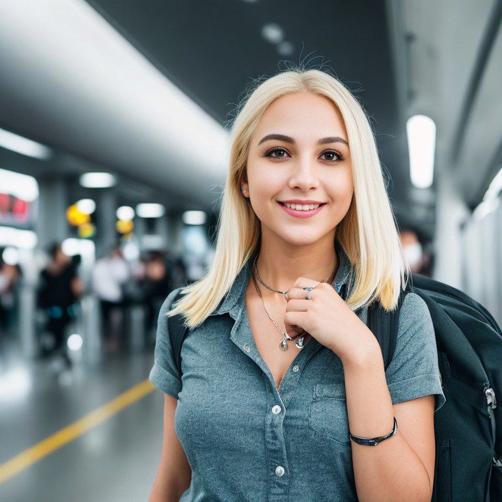 Blonde woman smiling in modern transit station with black backpack.