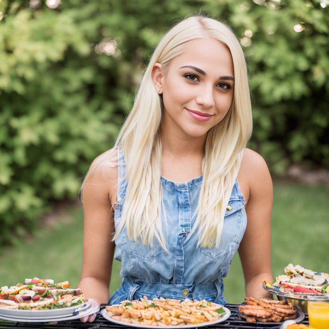 Woman holding plates of delicious BBQ food in lush garden setting.