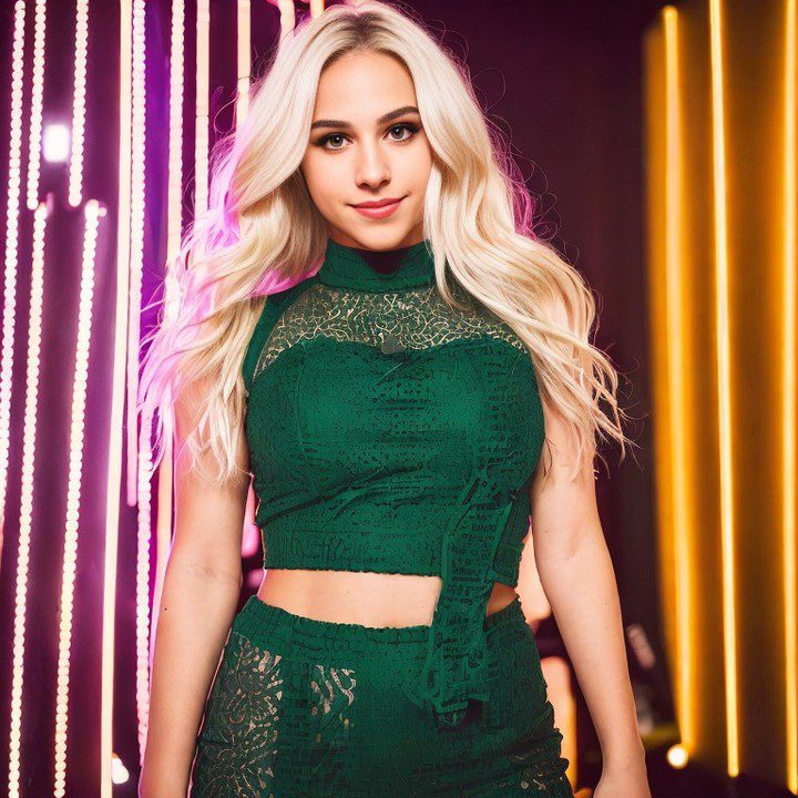 Fashionable blonde woman in dark green dress posing confidently in front of colorful neon lights.