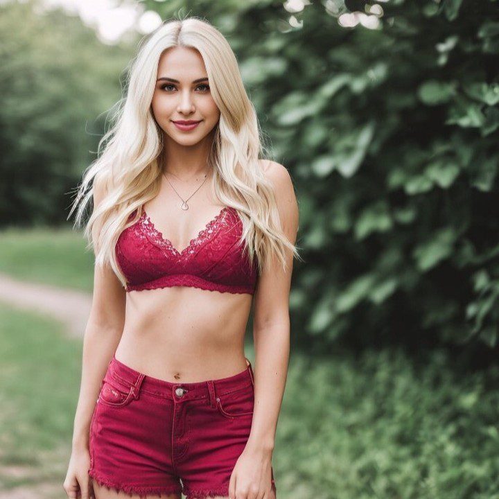 Graceful Jessie Bee in stylish burgundy outfit outdoors.