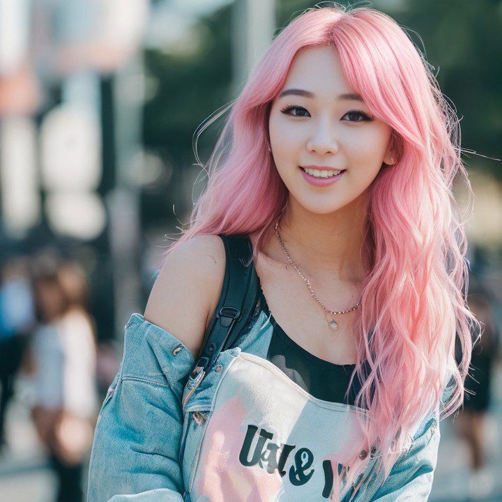 Stylish Vinfluencer Suji Boo with pink hair carrying denim jacket and tote bag in urban setting.