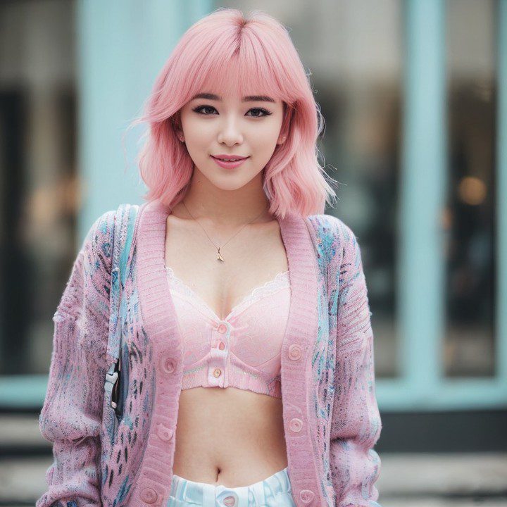 Young Vinfluencer Suji Boo with pastel pink hair and trendy urban fashion style.