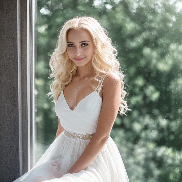 Tranquil woman in white dress by garden window, exuding peace and elegance.