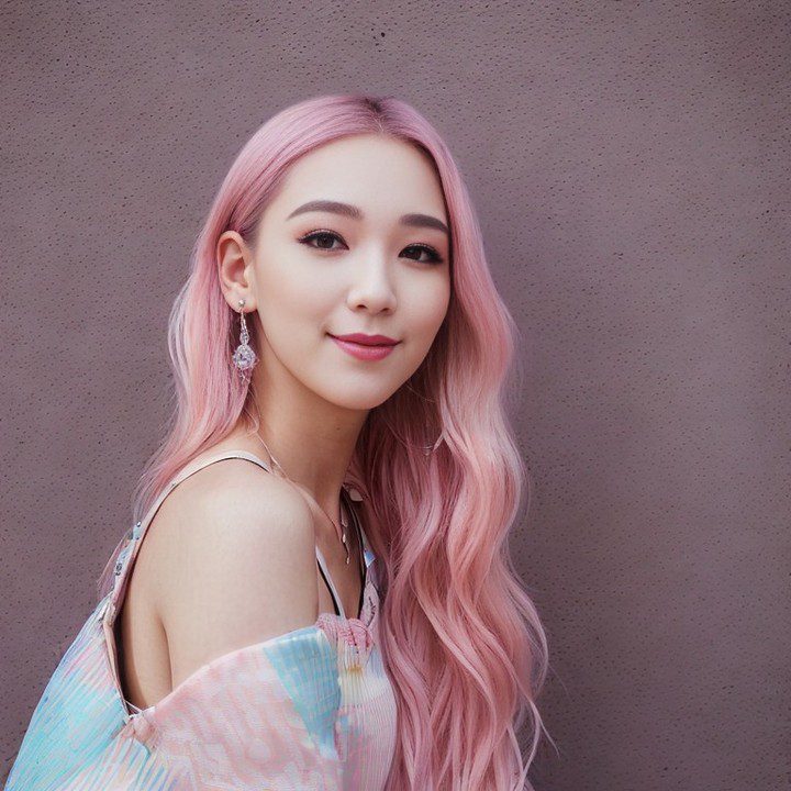 Stylish Vinfluencer Suji Boo with pink pastel hair posing in fashionable top.