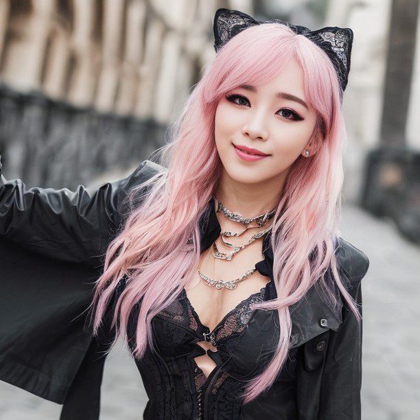 Stylish Vinfluencer Suji Boo with pink hair, cat ears, corset top, and jacket in urban setting.