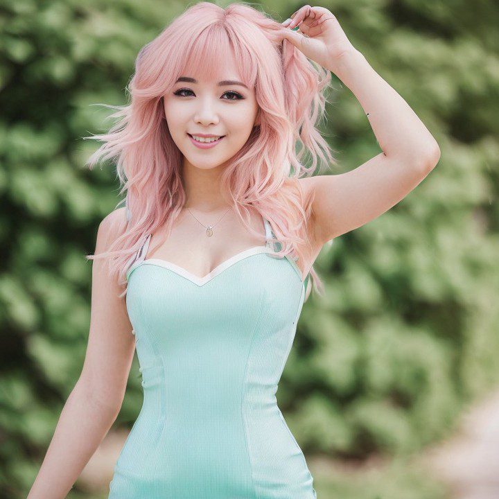 Vinfluencer Suji Boo with cheerful pink hair and mint green dress standing outdoors.