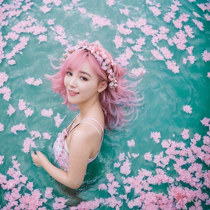 Tranquil pink-haired Vinfluencer Suji Boo surrounded by cherry blossoms in serene water.