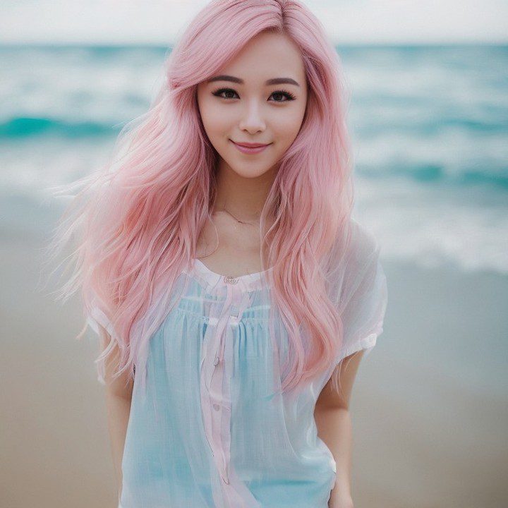 Vinfluencer Suji Boo  with pink hair in blue top standing on beach by calm sea.