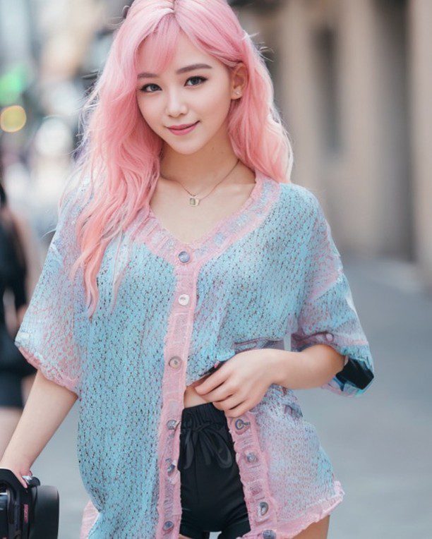 Young Vinfluencer Suji Boo with vibrant pink hair strolling confidently in urban setting.