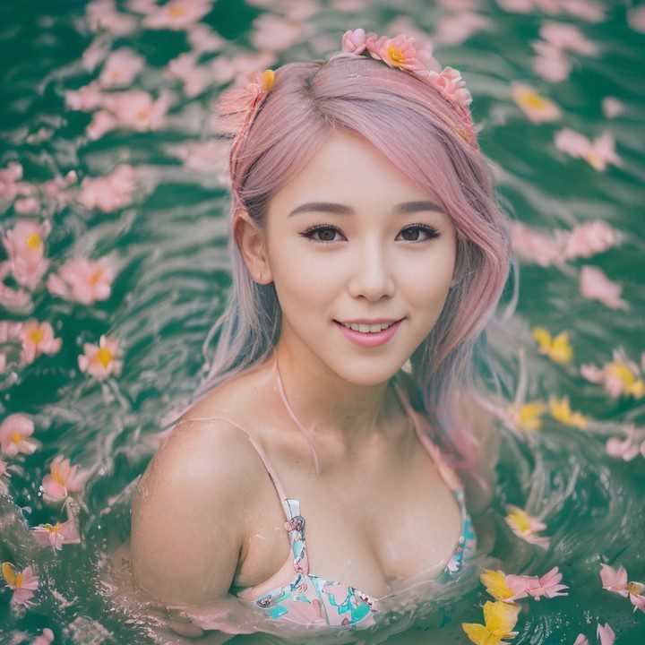 Vinfluencer Suji Boo with pink floral swimwear and hair, surrounded by flowers in tranquil water.
