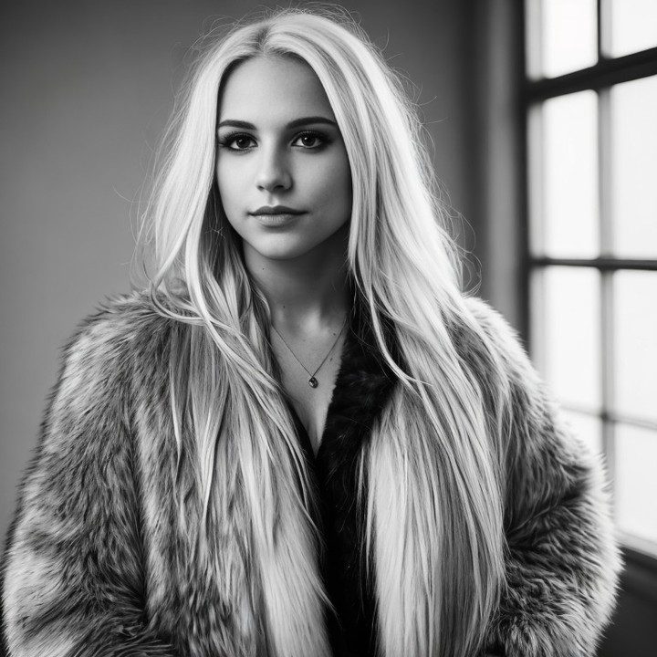 Young Vinfluencer Jessie Bee in fur coat, gazing serenely in window light.