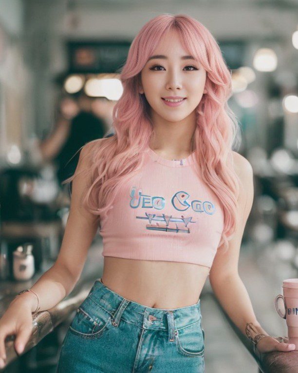 Trendy Vinfluencer Suji Boo with pink hair in casual outfit holding drink in cafe.