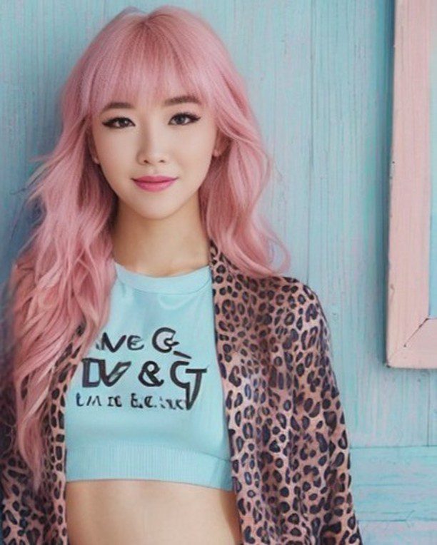 Young Vinfluencer Suji Boo with pink hair in leopard print jacket against blue backdrop.