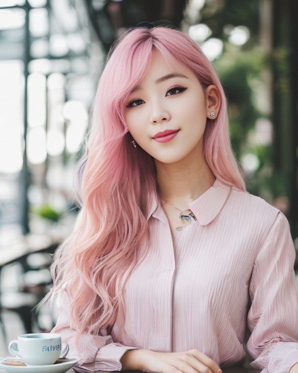 Pink hair Vinfluencer Suji Boo enjoying coffee in a bright cafe.