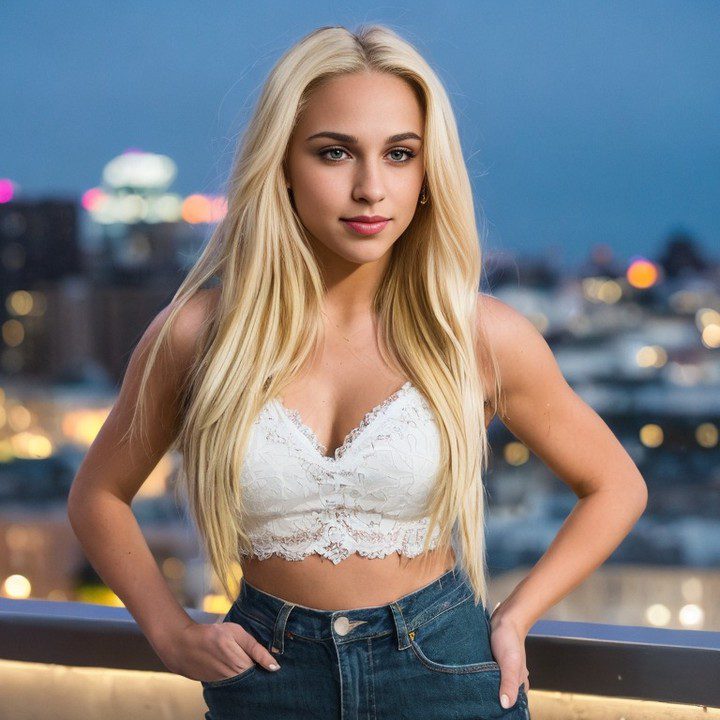 Vinfluencer Jessie Bee in white lace top and denim jeans posing in front of urban nightscape.