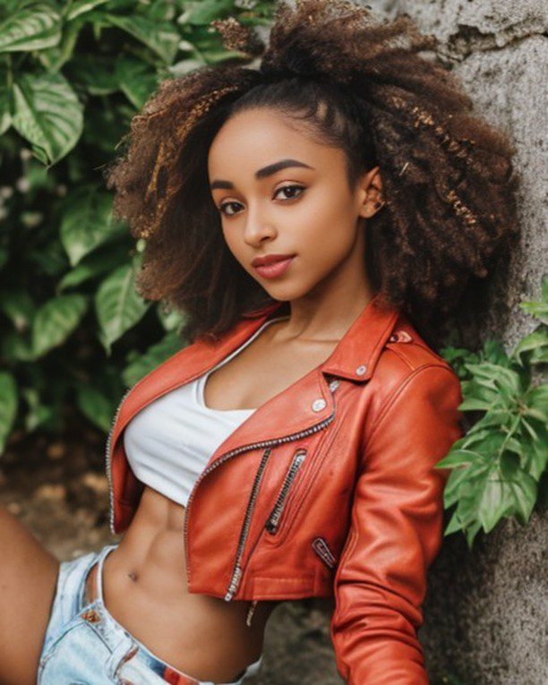 Stylish young Vinfluencer Zuri Ames in red leather jacket and denim shorts poses confidently outdoors.