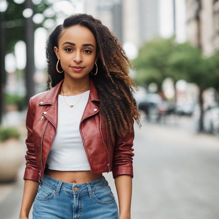 Stylish Vinfluencer Zuri Ames in red leather jacket standing confidently in urban street.