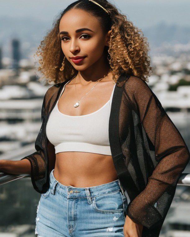 Stylish young Vinfluencer Zuri Ames with colorful hair posing confidently in urban setting.