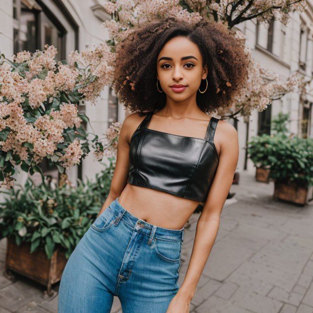 Stylish Vinfluencer Zuri Ames with curly brown hair posing confidently in urban outdoor setting.