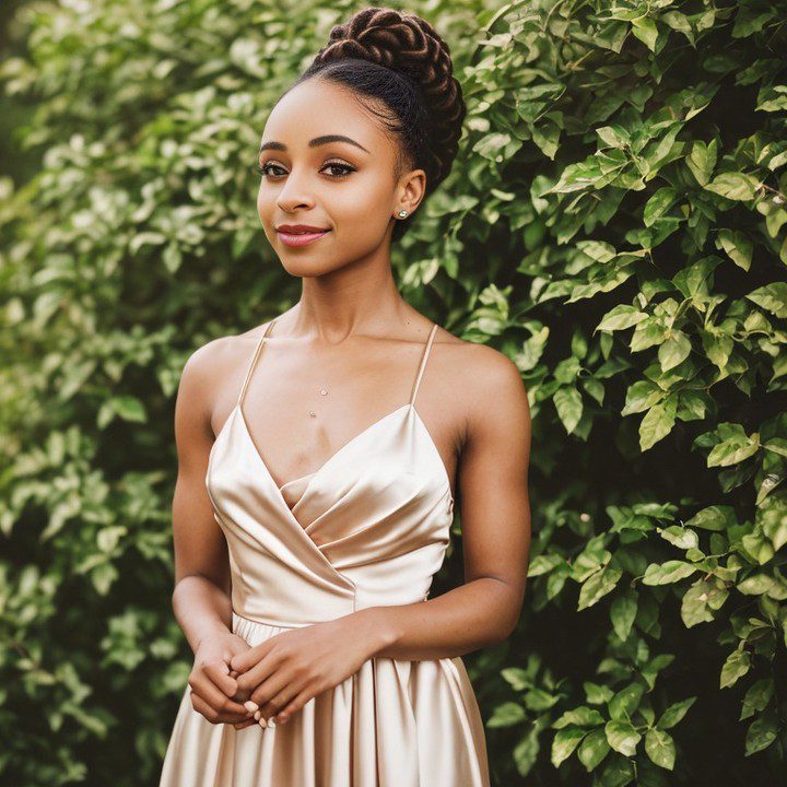 Elegant Vinfluencer Zuri Ames in champagne gown poses in lush garden setting.