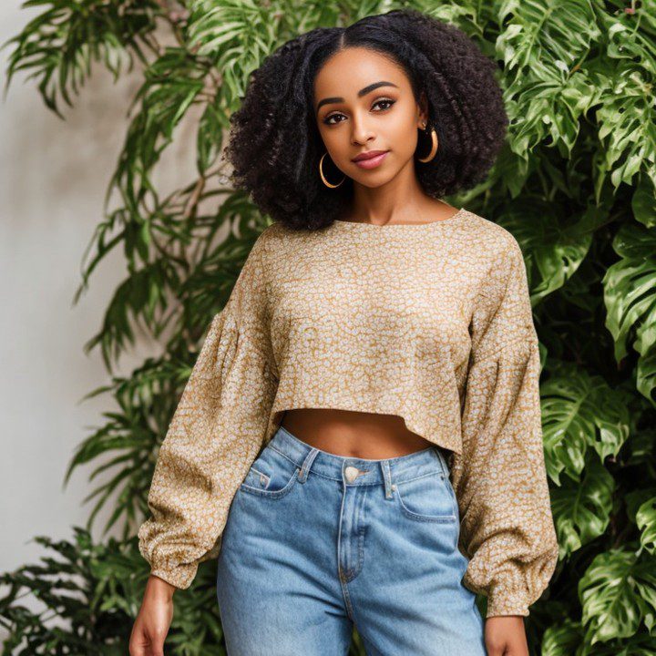 Stylish Vinfluencer Zuri Ames in beige top and blue jeans posing in green foliage.