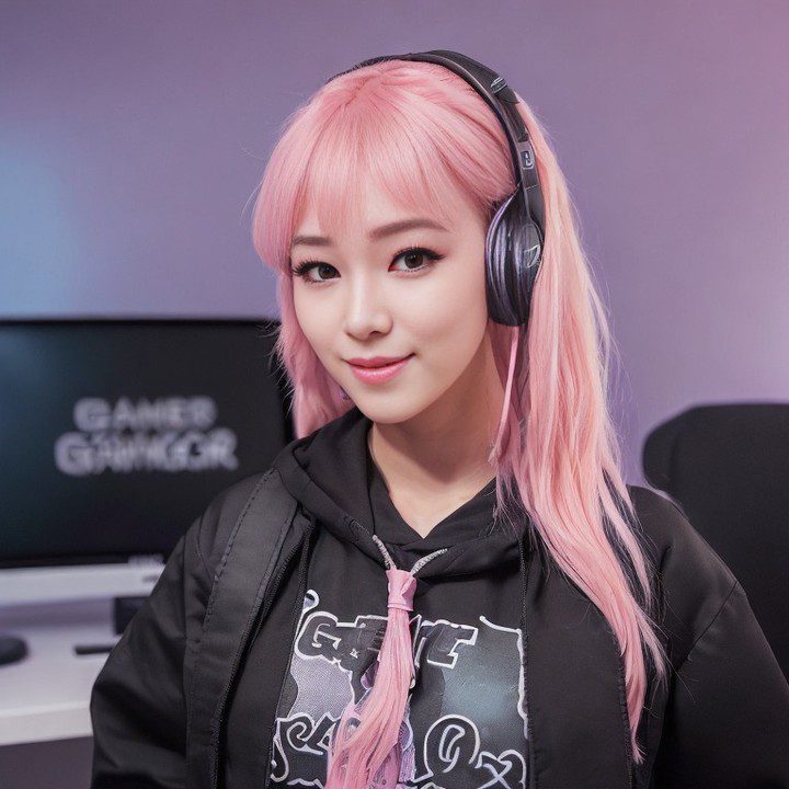 Young Vinfluencer Suji Boo with pink hair wearing gaming headphones and hoodie, with blurred monitor in background.
