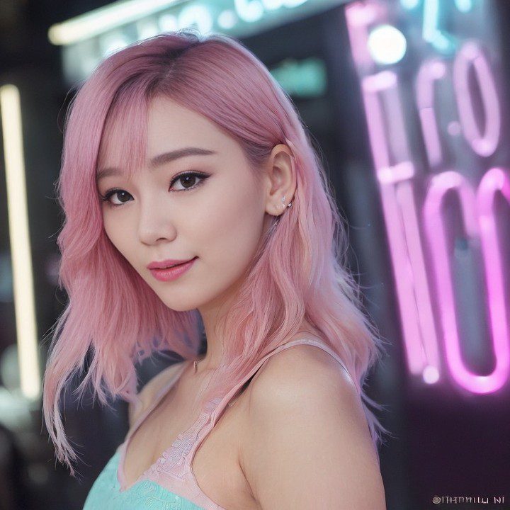 Stylish young Vinfluencer Suji Boo with pink hair in vibrant nightlife setting.