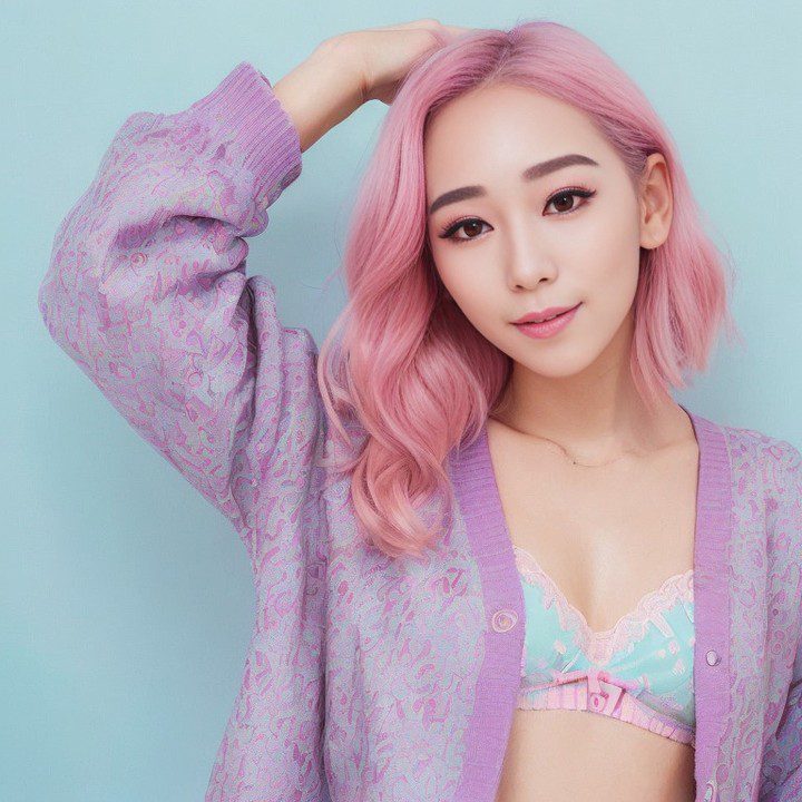 Fashion-forward young Vinfluencer Suji Boo with pastel pink hair in lace bralette and purple cardigan.