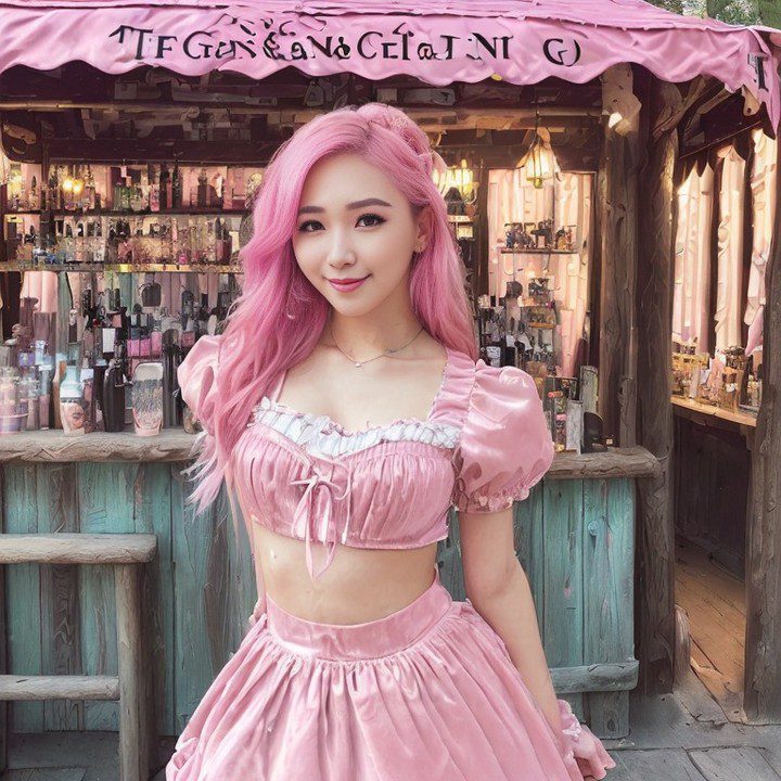 Young Vinfluencer Suji Boowith pastel pink hair in romantic tavern maiden costume at The Green & White Cat.Ni.