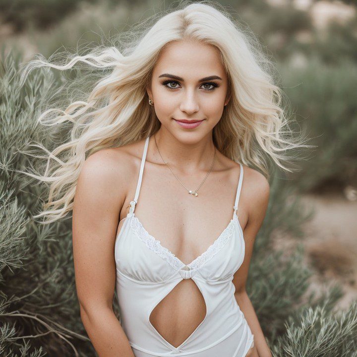 Young Vinfluencer Jessie Bee with blonde hair posing in natural setting, wearing white top and necklace.