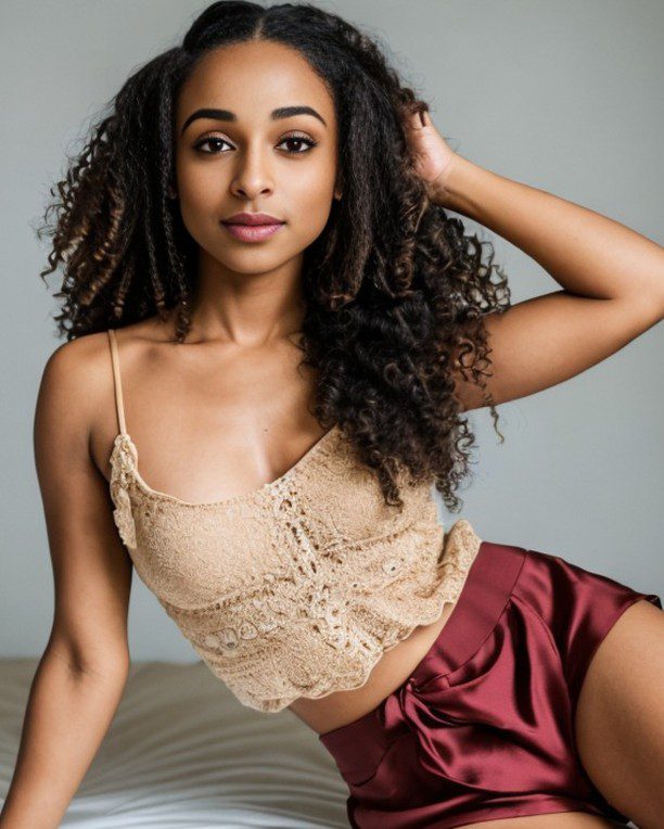 Vinfluencer Zuri Ames, a young woman, posing serenely in a brown lace top against a gray backdrop.