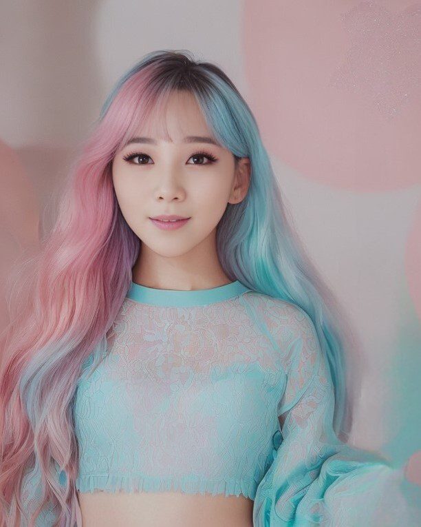 Fashion-forward Vinfluencer Suji Boo with pastel pink and blue hair in a delicate lace top.