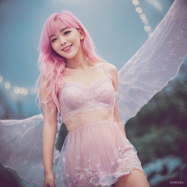 Enchanting pink fairy Vinfluencer Suji Boo with iridescent wings in twilight setting.