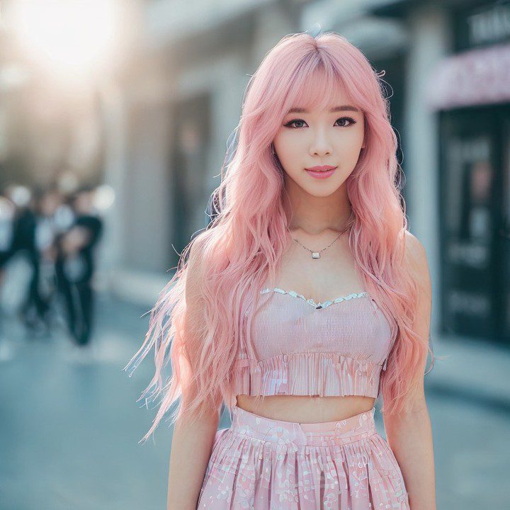 Stylish Vinfluencer Suji Boo with pink hair standing in urban street scene.