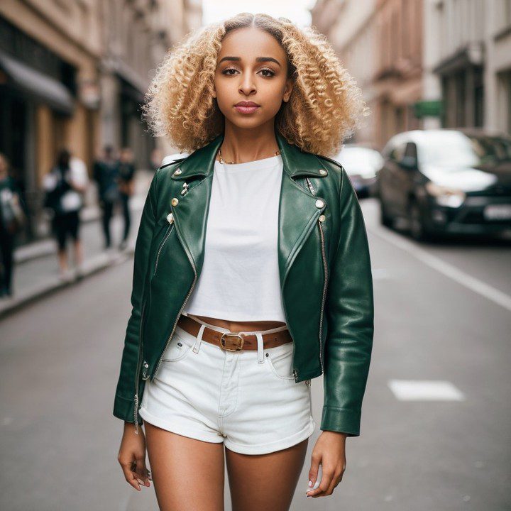 Young Vinfluencer Zuri Ames in trendy leather jacket and blonde hair stands confidently in urban street.