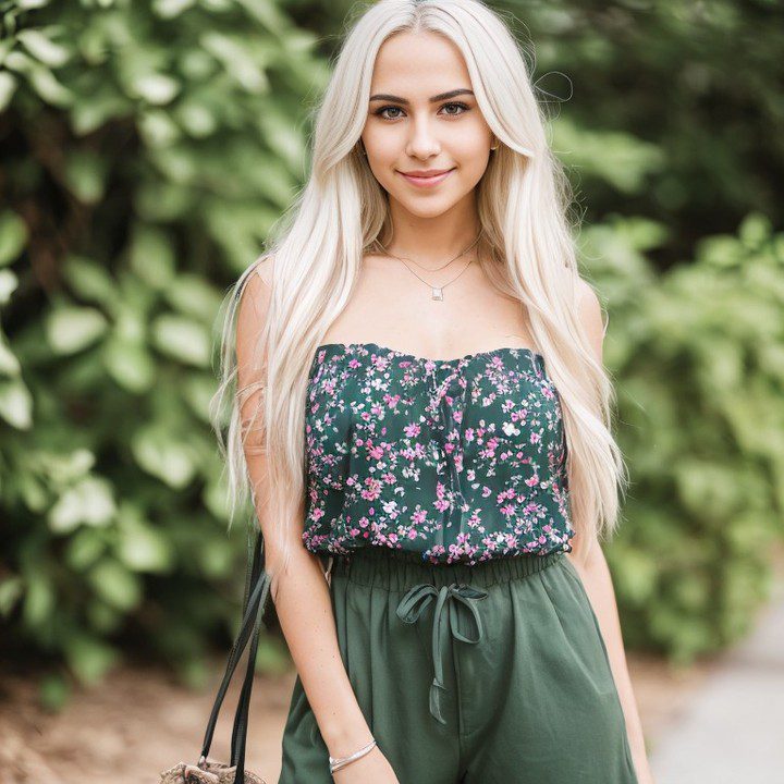 Stylish young Vinfluencer Jessie Bee in floral top and green trousers carrying shoulder bag outdoors.