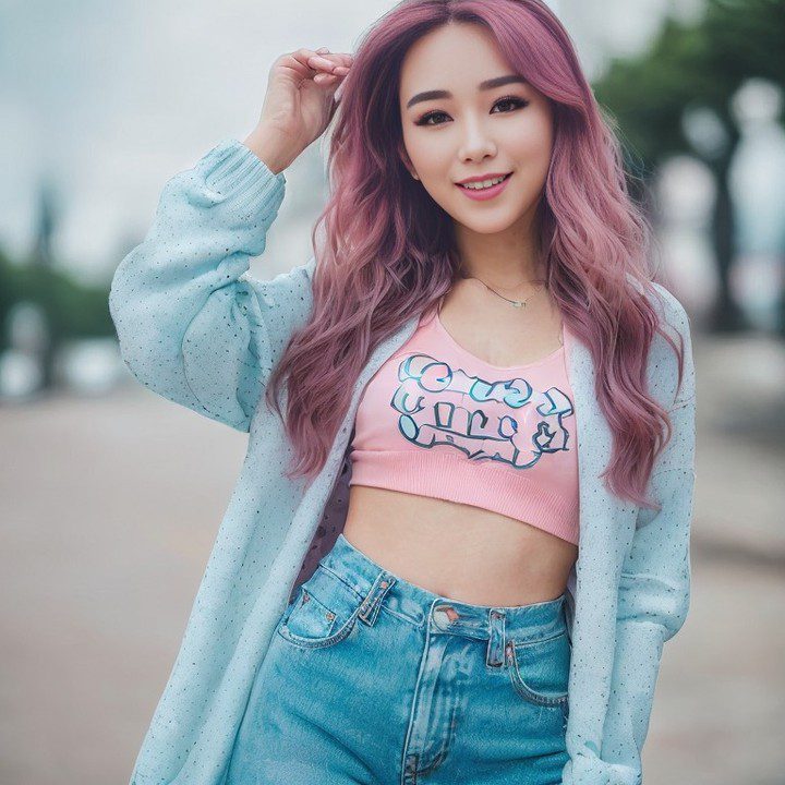 Stylish young Vinfluencer Suji Boo with lilac hair wearing trendy pastel top and denim jeans.