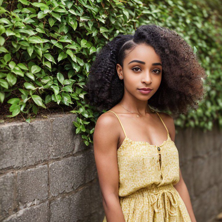 Serene young Vinfluencer Zuri Ames in yellow sundress stands against lush greenery and gray wall.