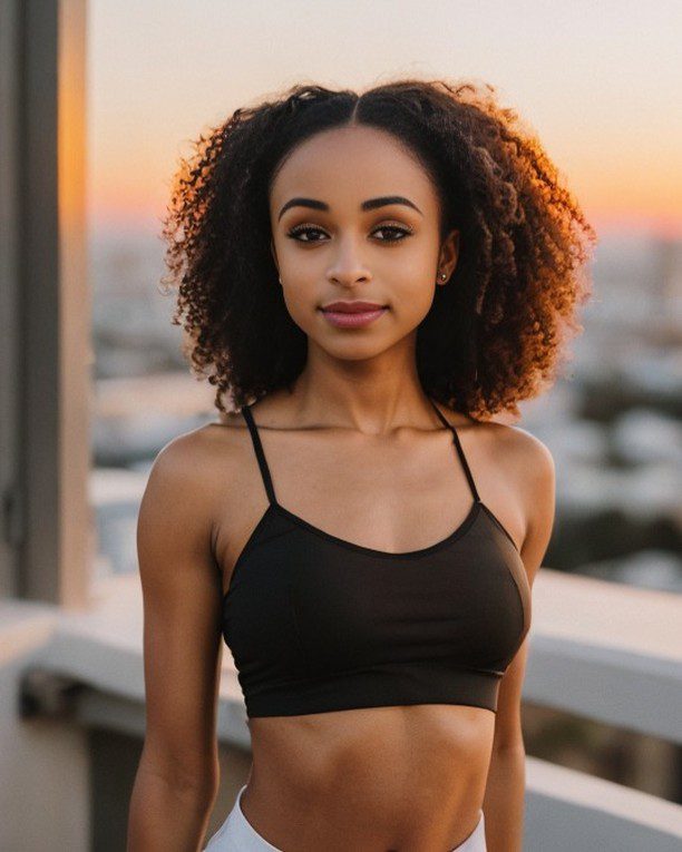 Stylish young Vinfluencer Zuri Ames posing confidently with cityscape backdrop at golden hour.