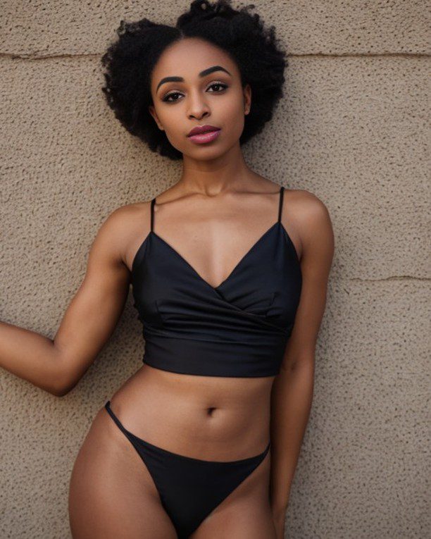 Beautiful young Vinfluencer Zuri Ames in black bikini standing confidently against textured wall.