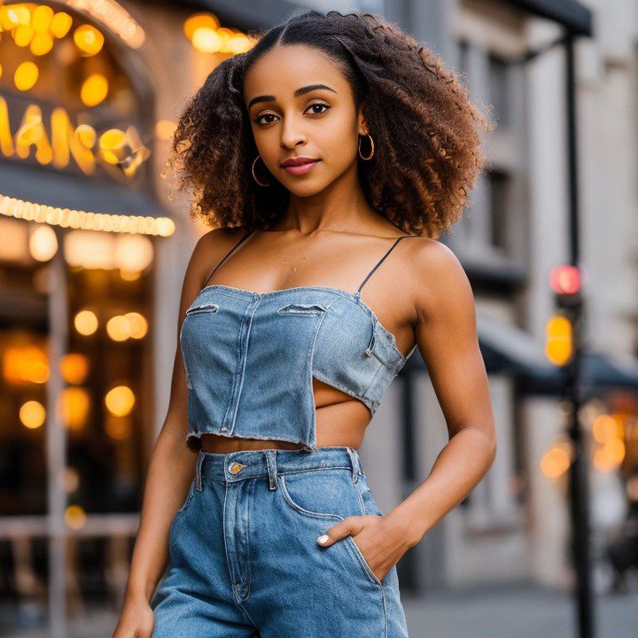 Stylish Vinfluencer Zuri Ames in denim jumpsuit standing confidently on city street.