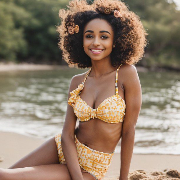 Young vinfluencer Zuri Ames with afro in yellow swimsuit smiling on serene beach.