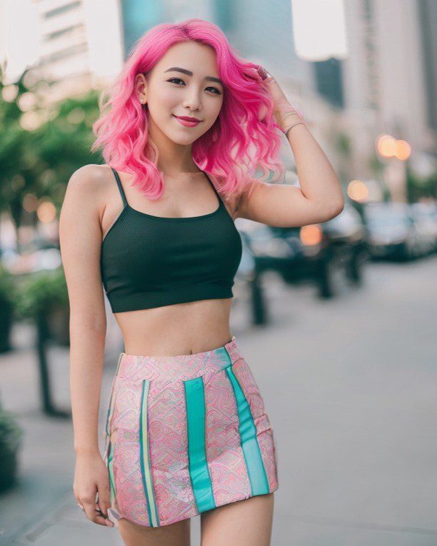 Stylish vinfluencer Suji Boo with pink hair in urban setting wearing crop top and skirt.