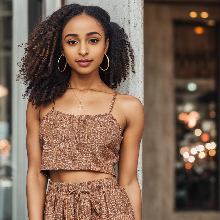 Fashionable young Vinfluencer Zuri Ames standing in urban city street with blurred background.