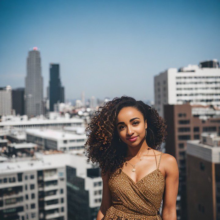 Stylish vinfluencer Zuri Ames in patterned dress poses confidently against modern city skyline.