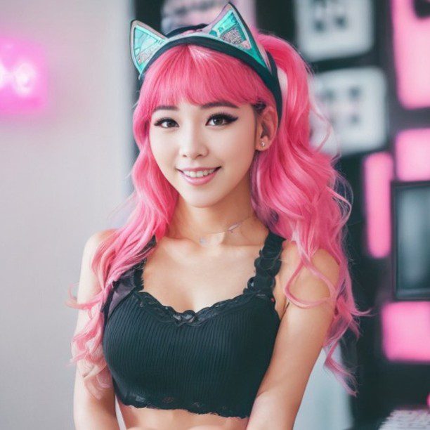 Stylish vinfluencer Suji Boo with pink hair and cat ears in trendy room.