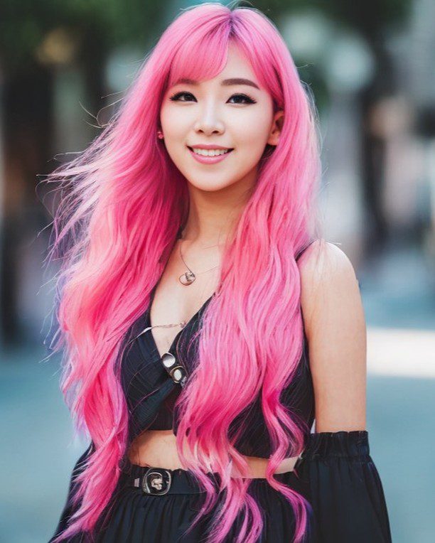 Fashionable vinfluencer Suji Boo rocks pink hair and a chic black top.